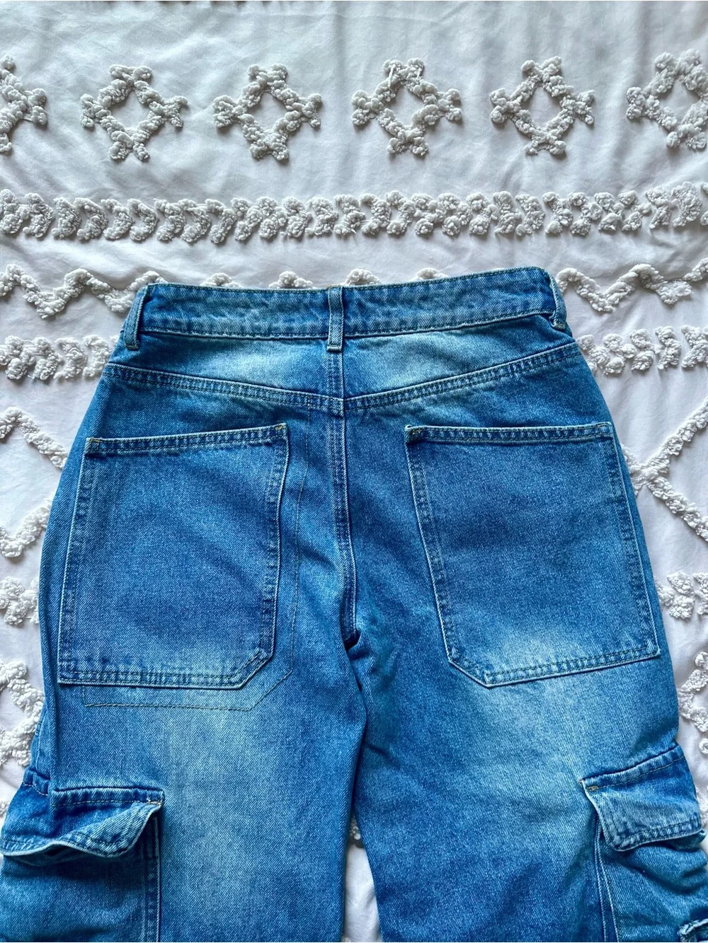 Edikted Westie Blue/Navy Washed Low Rise Baggy Cargo Jeans Size XS
